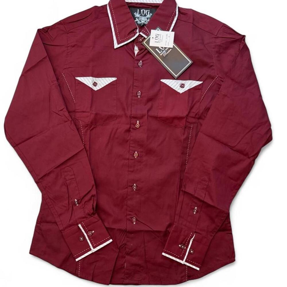 Log wear men’s Maroon/Burgundy long sleeve button up shirt with white piping and